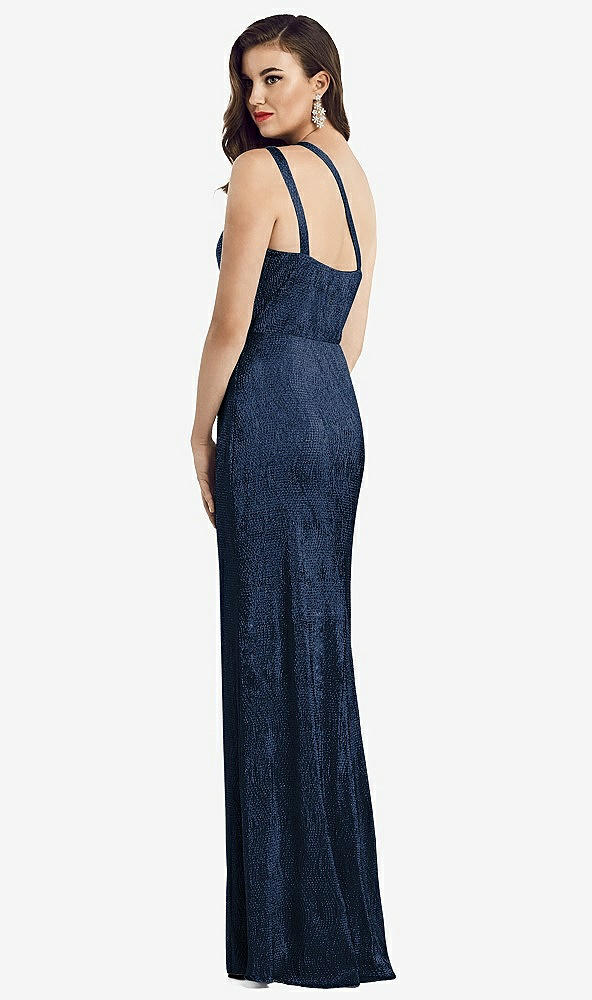Back View - Midnight Navy One-Shoulder Twist Metallic Trumpet Gown