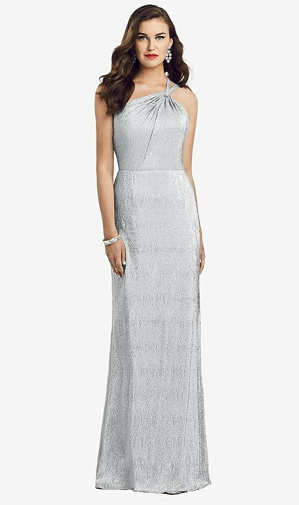 Front View - Silver One-Shoulder Twist Metallic Trumpet Gown