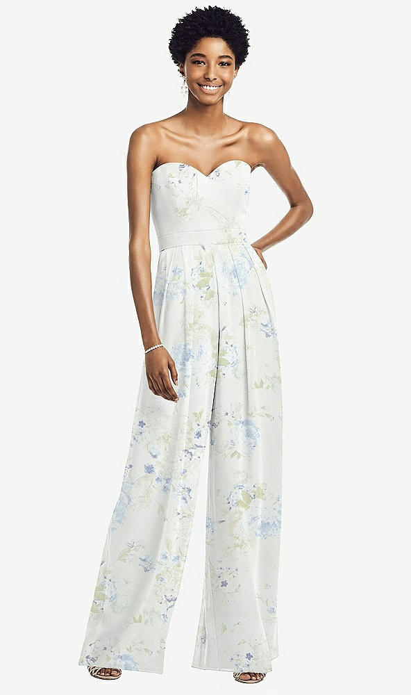 Front View - Bleu Garden Strapless Chiffon Wide Leg Jumpsuit with Pockets
