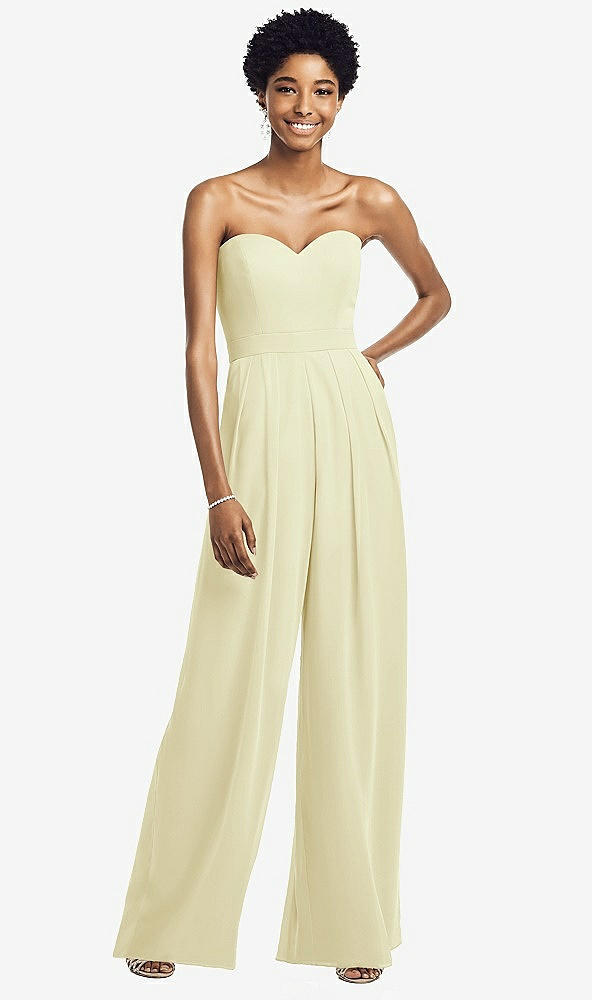Front View - Butter Yellow Strapless Chiffon Wide Leg Jumpsuit with Pockets