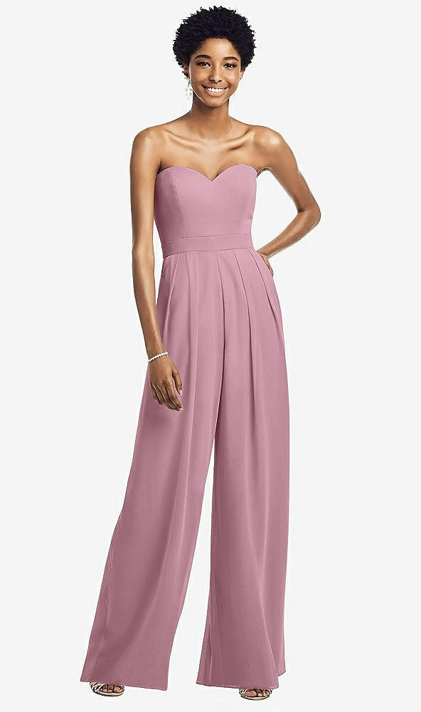 Front View - Dusty Pink Strapless Chiffon Wide Leg Jumpsuit with Pockets