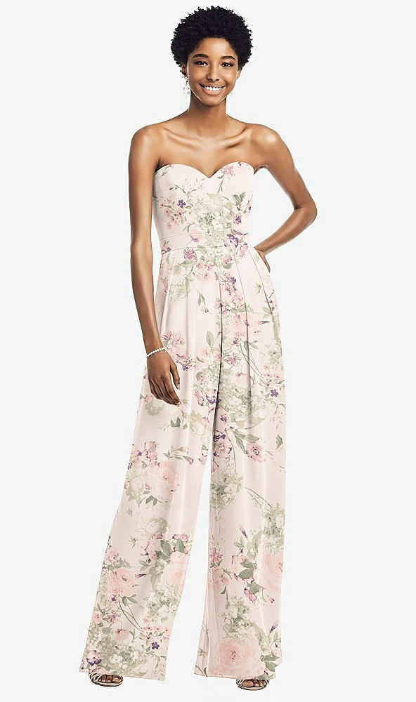Front View - Blush Garden Strapless Chiffon Wide Leg Jumpsuit with Pockets