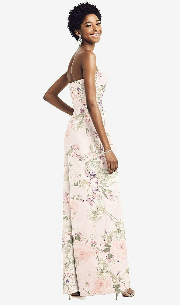 Back View - Blush Garden Strapless Chiffon Wide Leg Jumpsuit with Pockets