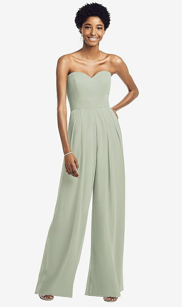 Front View - Celadon Strapless Chiffon Wide Leg Jumpsuit with Pockets
