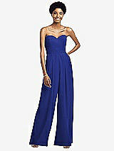 Front View Thumbnail - Cobalt Blue Strapless Chiffon Wide Leg Jumpsuit with Pockets