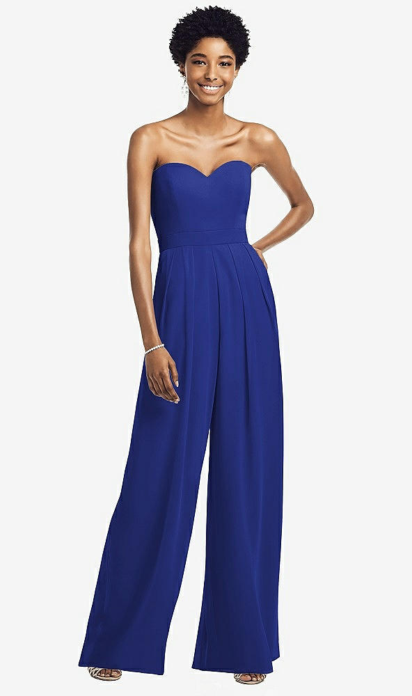 Front View - Cobalt Blue Strapless Chiffon Wide Leg Jumpsuit with Pockets