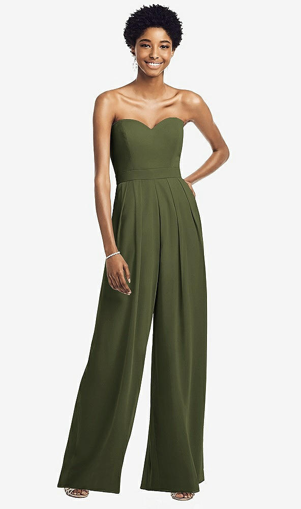 Front View - Olive Green Strapless Chiffon Wide Leg Jumpsuit with Pockets