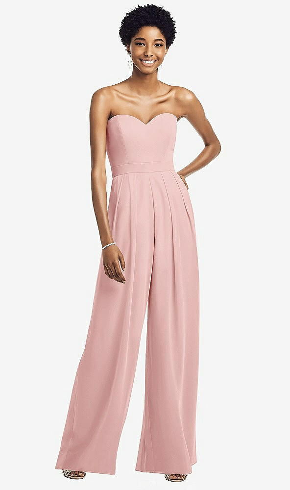 Front View - Rose Strapless Chiffon Wide Leg Jumpsuit with Pockets