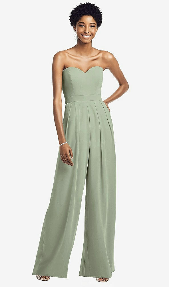 Front View - Sage Strapless Chiffon Wide Leg Jumpsuit with Pockets