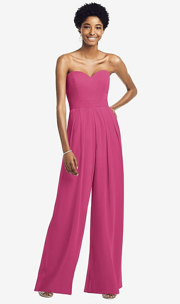 Front View - Tea Rose Strapless Chiffon Wide Leg Jumpsuit with Pockets
