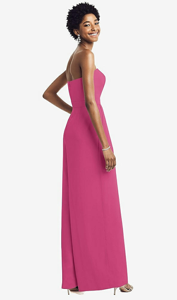 Back View - Tea Rose Strapless Chiffon Wide Leg Jumpsuit with Pockets