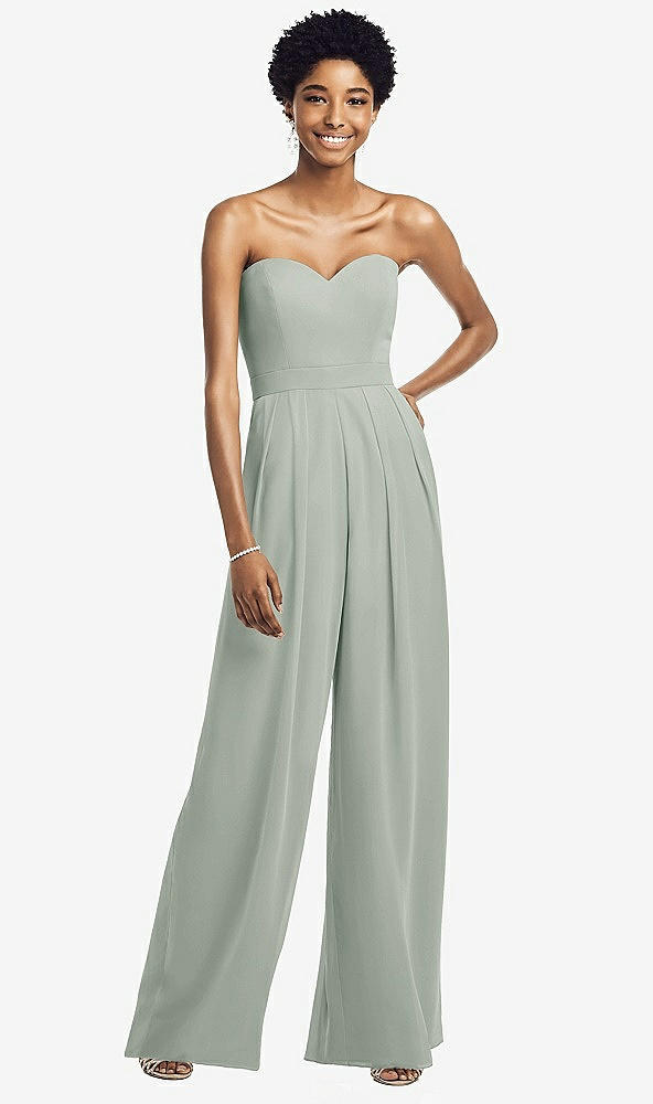 Front View - Willow Green Strapless Chiffon Wide Leg Jumpsuit with Pockets