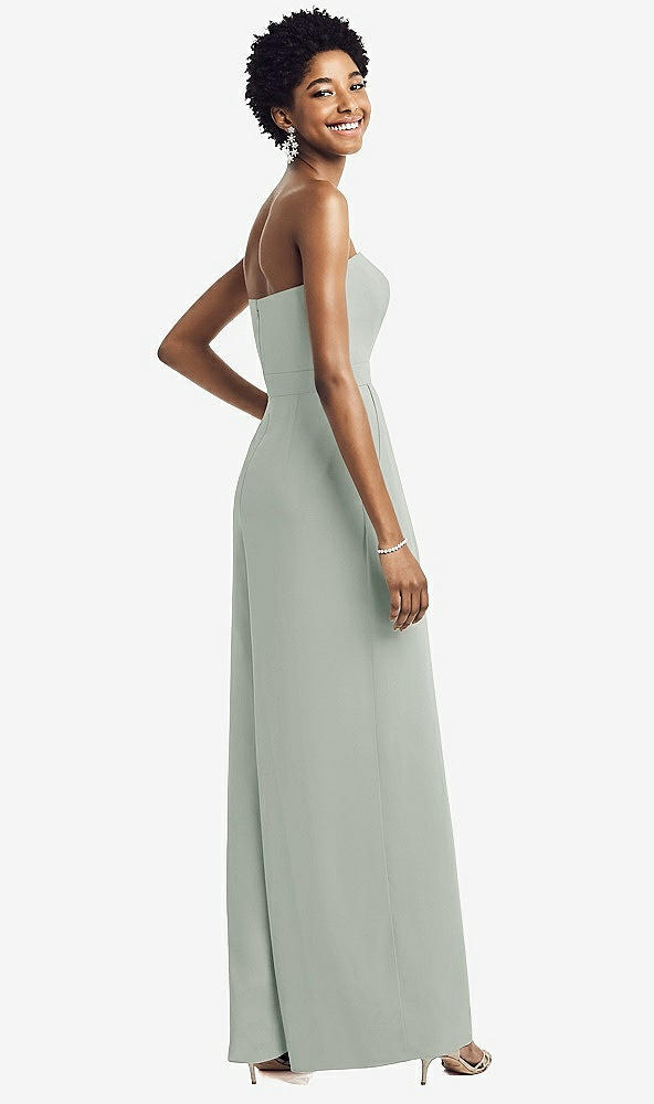 Back View - Willow Green Strapless Chiffon Wide Leg Jumpsuit with Pockets