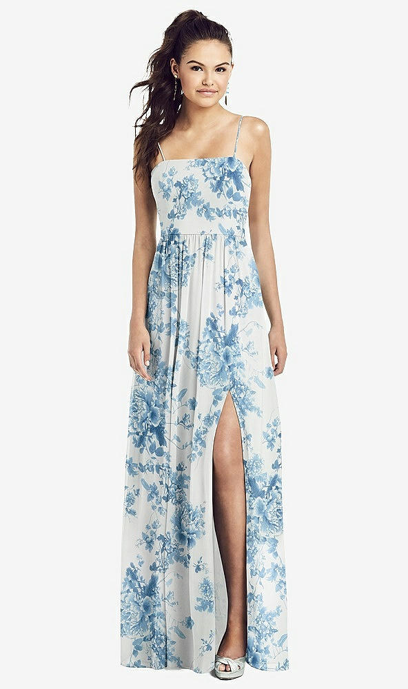 Front View - Cottage Rose Dusk Blue Slim Spaghetti Strap Chiffon Dress with Front Slit 