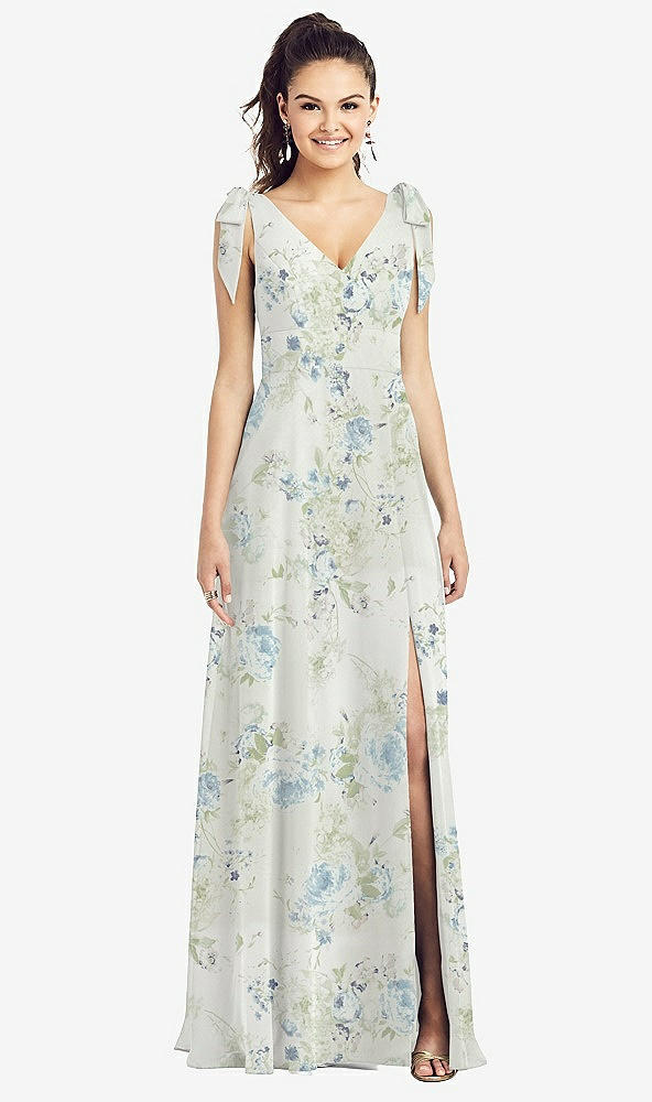 Front View - Bleu Garden Bow-Shoulder V-Back Chiffon Gown with Front Slit