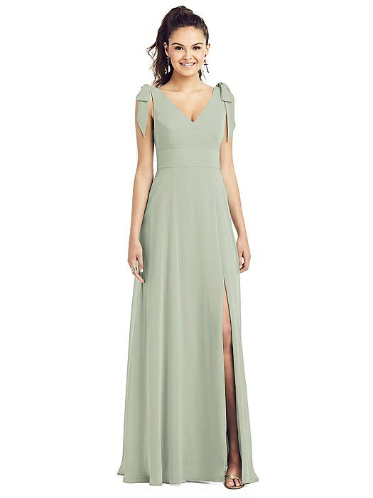 Bow-Shoulder V-Back Chiffon Gown with Front Slit