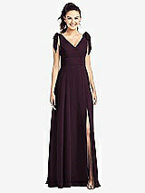 Front View Thumbnail - Deep Plum Bow-Shoulder V-Back Chiffon Gown with Front Slit