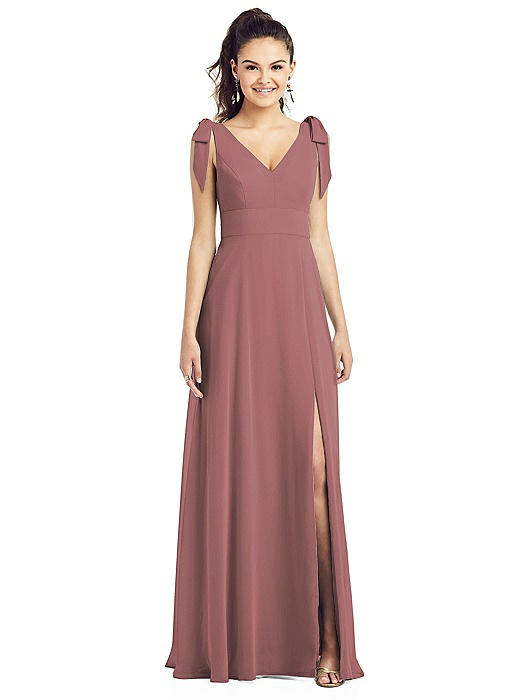 Bow-Shoulder V-Back Chiffon Gown with Front Slit