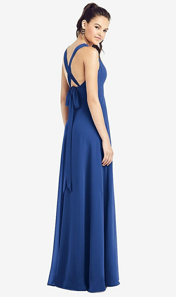 Back View - Classic Blue & Light Nude Adjustable Strap Illusion Neck Chiffon Gown