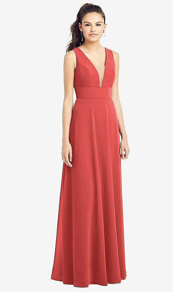 Front View - Perfect Coral & Light Nude Adjustable Strap Illusion Neck Chiffon Gown