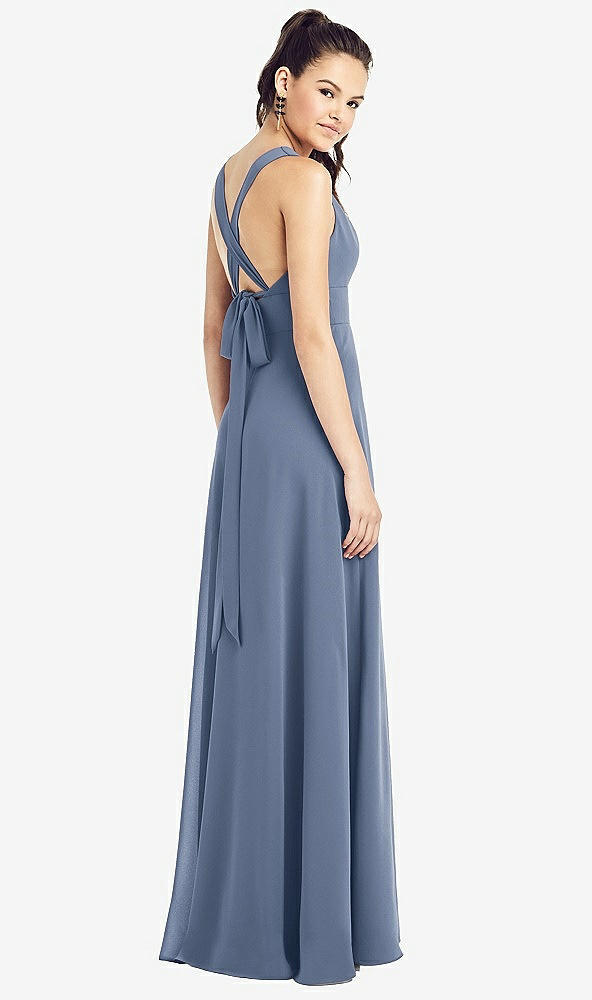 Back View - Larkspur Blue & Light Nude Adjustable Strap Illusion Neck Chiffon Gown