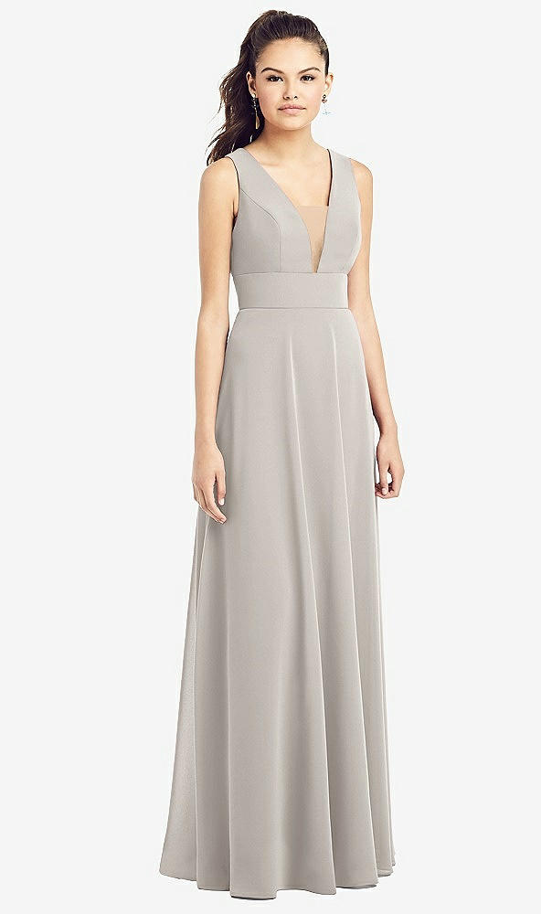 Front View - Oyster & Light Nude Adjustable Strap Illusion Neck Chiffon Gown
