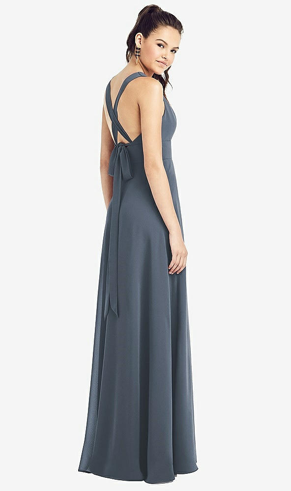 Back View - Silverstone & Light Nude Adjustable Strap Illusion Neck Chiffon Gown