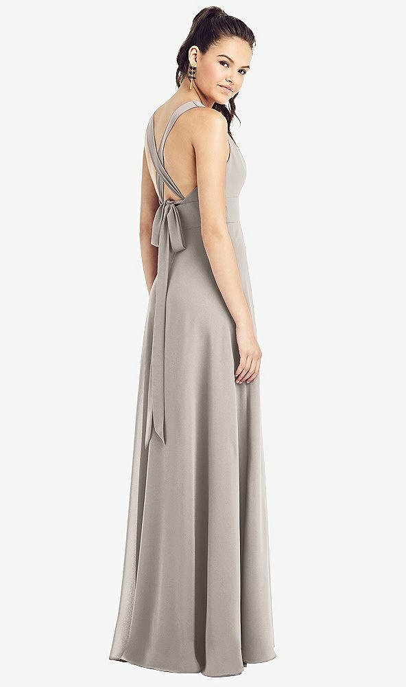 Back View - Taupe & Light Nude Adjustable Strap Illusion Neck Chiffon Gown