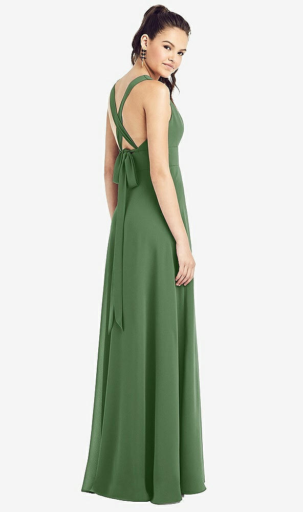 Back View - Vineyard Green & Light Nude Adjustable Strap Illusion Neck Chiffon Gown