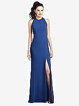 Front View Thumbnail - Classic Blue Open-Back Jewel Neck Trumpet Gown with Front Slit