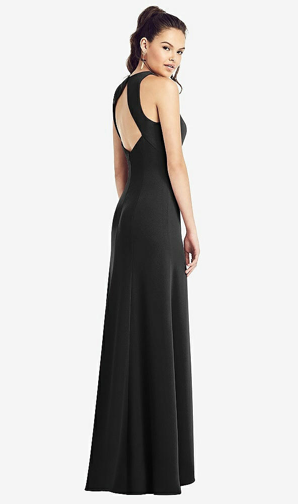 Back View - Black Open-Back Jewel Neck Trumpet Gown with Front Slit
