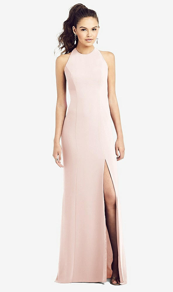 Front View - Blush Open-Back Jewel Neck Trumpet Gown with Front Slit