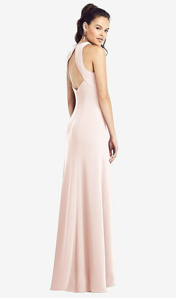 Back View - Blush Open-Back Jewel Neck Trumpet Gown with Front Slit
