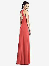 Rear View Thumbnail - Perfect Coral Open-Back Jewel Neck Trumpet Gown with Front Slit