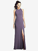 Front View Thumbnail - Lavender Open-Back Jewel Neck Trumpet Gown with Front Slit
