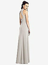Rear View Thumbnail - Oyster Open-Back Jewel Neck Trumpet Gown with Front Slit