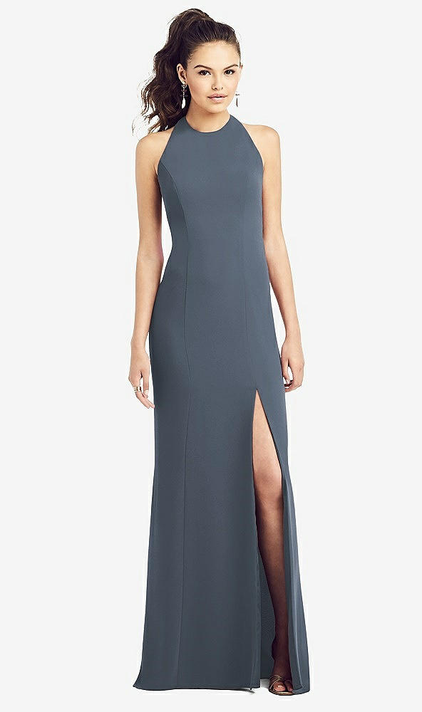 Front View - Silverstone Open-Back Jewel Neck Trumpet Gown with Front Slit