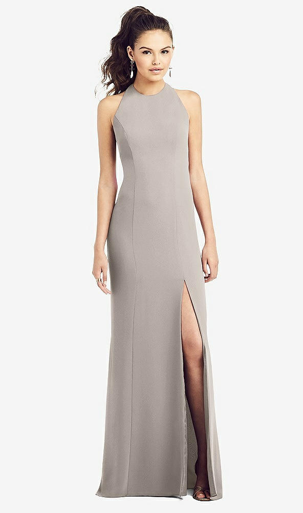Front View - Taupe Open-Back Jewel Neck Trumpet Gown with Front Slit