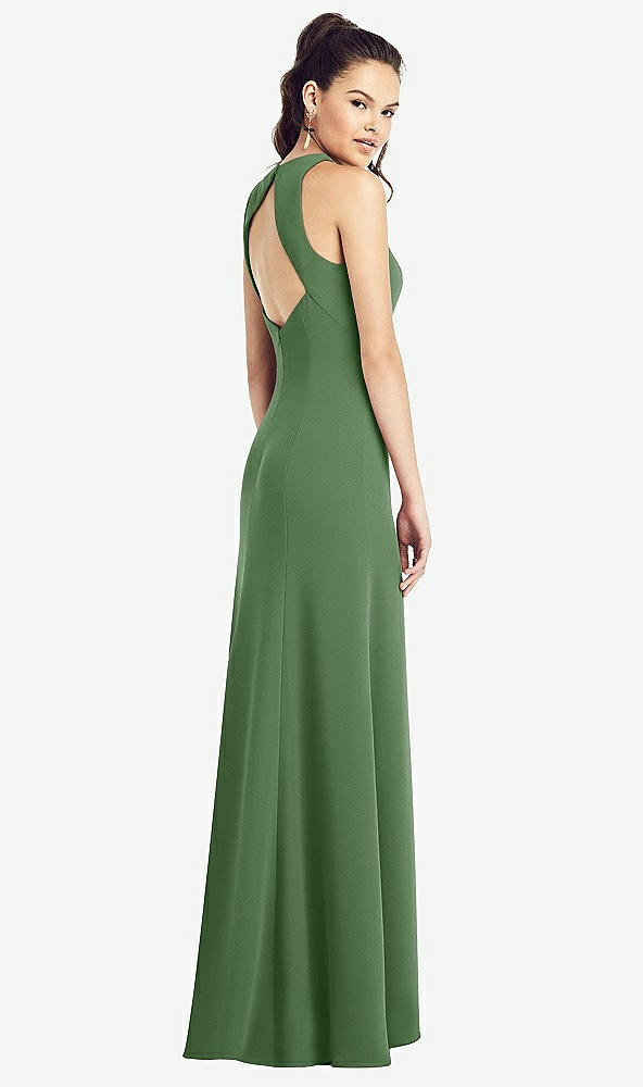 Back View - Vineyard Green Open-Back Jewel Neck Trumpet Gown with Front Slit