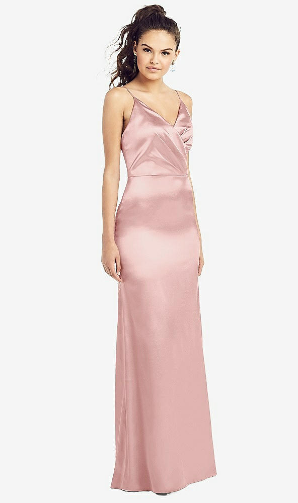 Front View - Rose Slim Spaghetti Strap Wrap Bodice Trumpet Gown