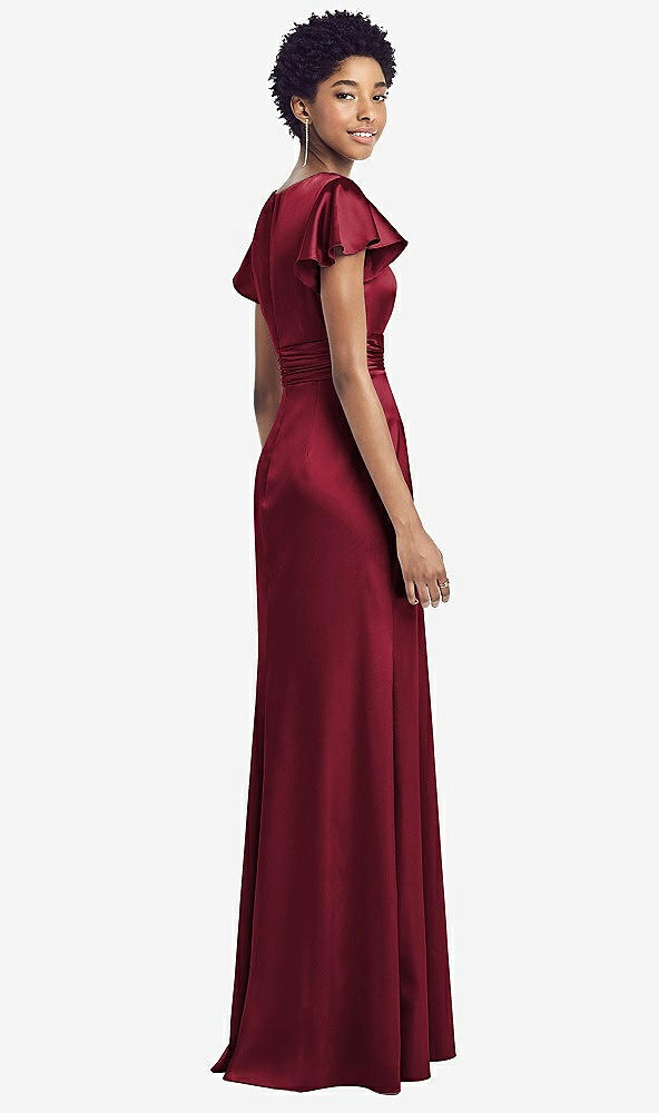 Back View - Burgundy Flutter Sleeve Draped Wrap Stretch Maxi Dress