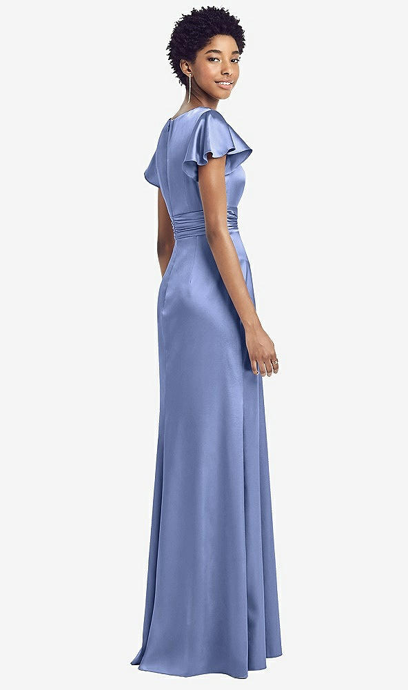 Back View - Periwinkle - PANTONE Serenity Flutter Sleeve Draped Wrap Stretch Maxi Dress