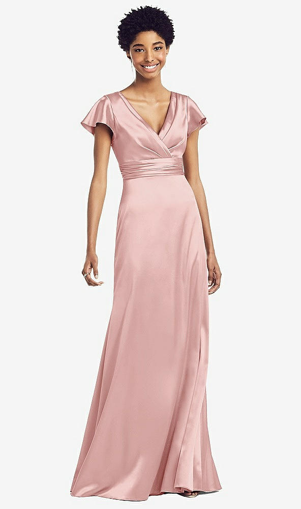 Front View - Rose Flutter Sleeve Draped Wrap Stretch Maxi Dress