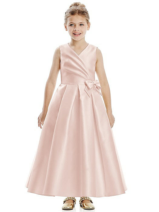 Faux Wrap Pleated Skirt Satin Twill Flower Girl Dress with Bow