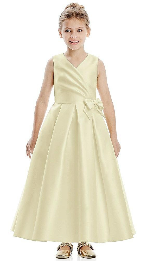Front View - Butter Yellow Faux Wrap Pleated Skirt Satin Twill Flower Girl Dress with Bow