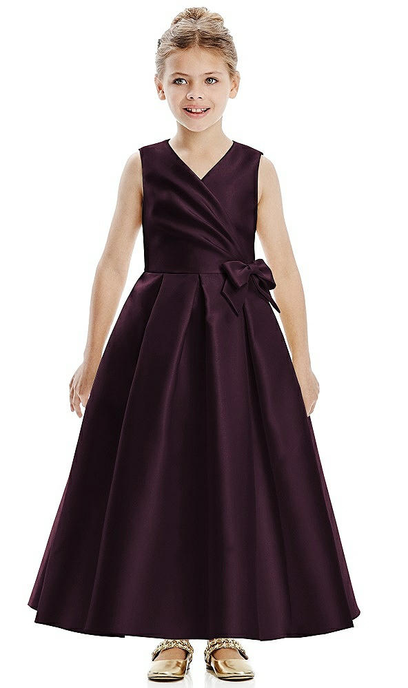 Front View - Deep Plum Faux Wrap Pleated Skirt Satin Twill Flower Girl Dress with Bow