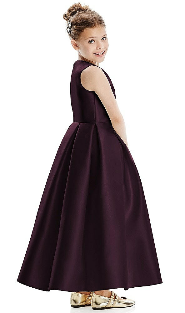Back View - Deep Plum Faux Wrap Pleated Skirt Satin Twill Flower Girl Dress with Bow