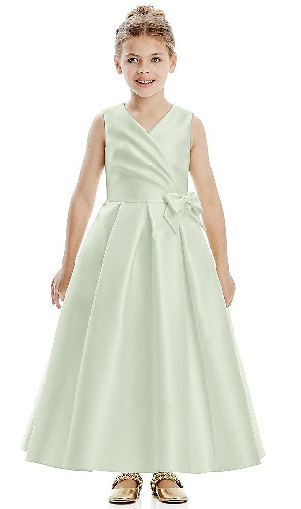 Front View - Mint Green Faux Wrap Pleated Skirt Satin Twill Flower Girl Dress with Bow