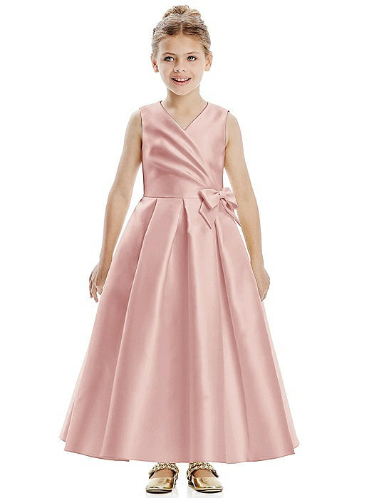 Faux Wrap Pleated Skirt Satin Twill Flower Girl Dress with Bow