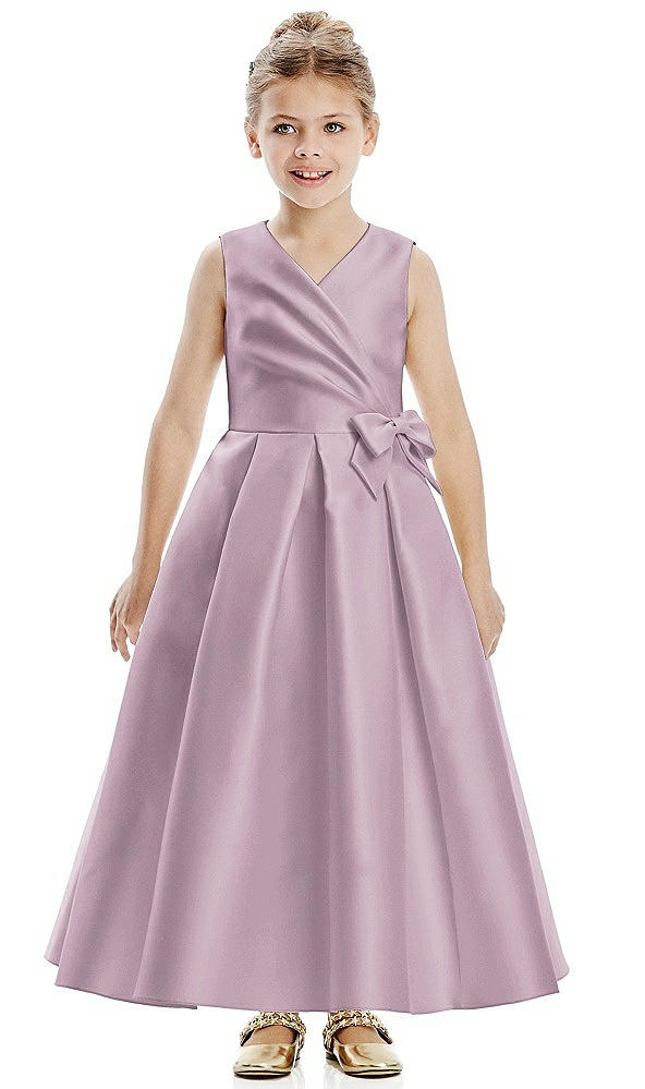 Front View - Suede Rose Faux Wrap Pleated Skirt Satin Twill Flower Girl Dress with Bow